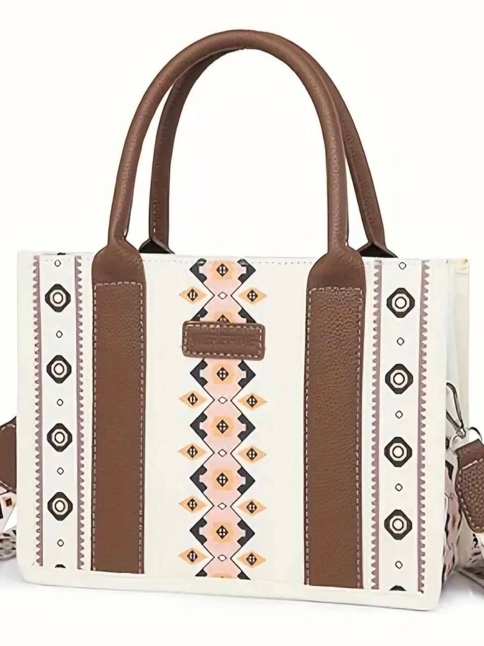 Canvas Tote Bag with Brown Trim and Aztec Pattern